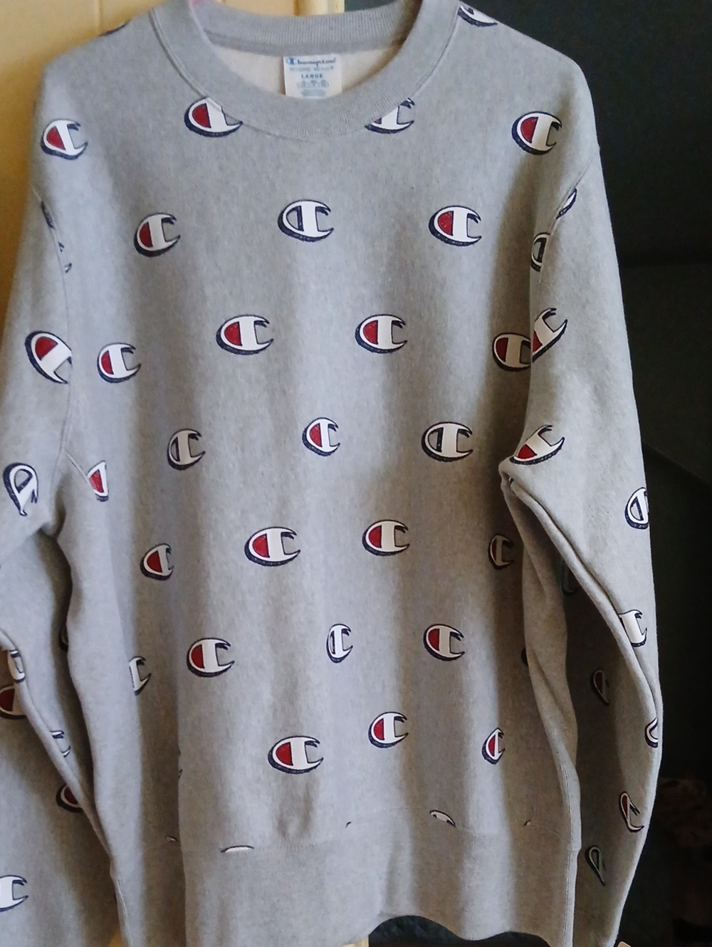 Champion Gray Crewneck Sweatshirt with Red & Navy Logo Print